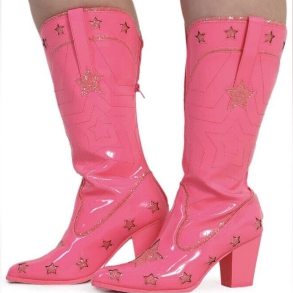 YRU Pink Patent Star Cowgirl Boots Western Knee-High Chunky Heel Barbiecore